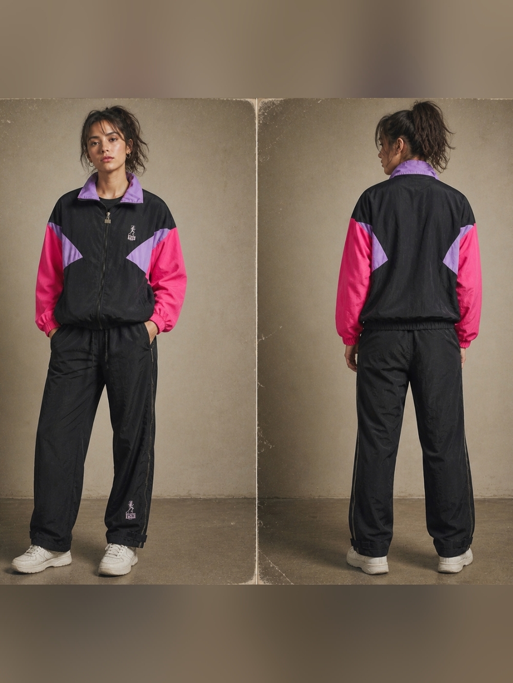 Vintage Black Track Suit with Pink & Purple Accents Matching Set M